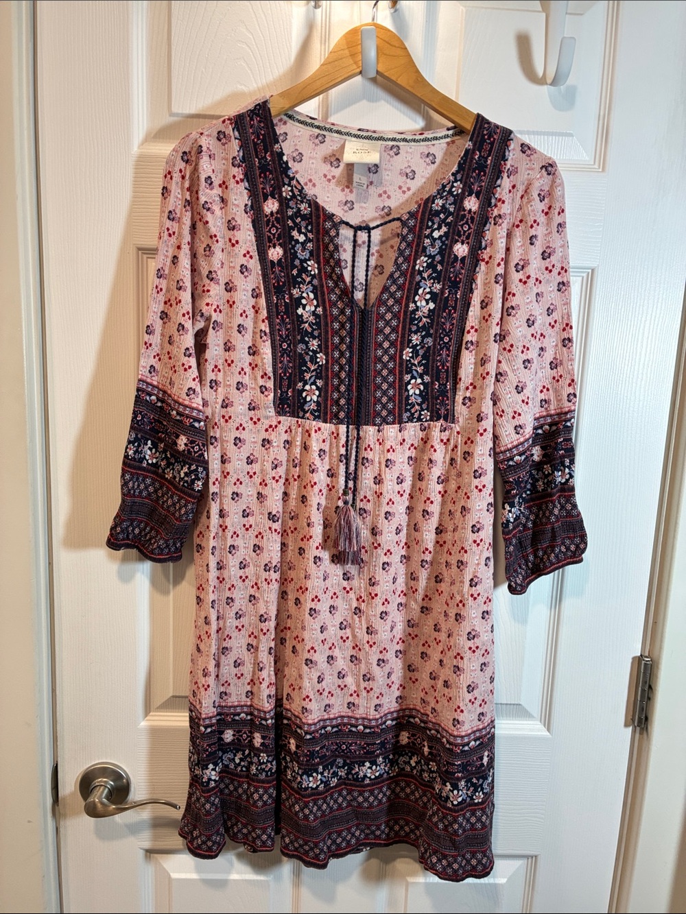 Knox Rose Pink Floral Border-Print Tie-Front Mini Dress with Navy Accents